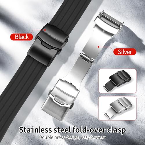 ULLCHRO Silicone Watch Strap Replacement Rubber Watch Band Waterproof Stripe Pattern - 14mm, 16mm, 18mm, 20mm, 22mm, 24mm Watch Bracelet with Stainless Steel Deployment Black Buckle (20mm, Black02) - Image 4