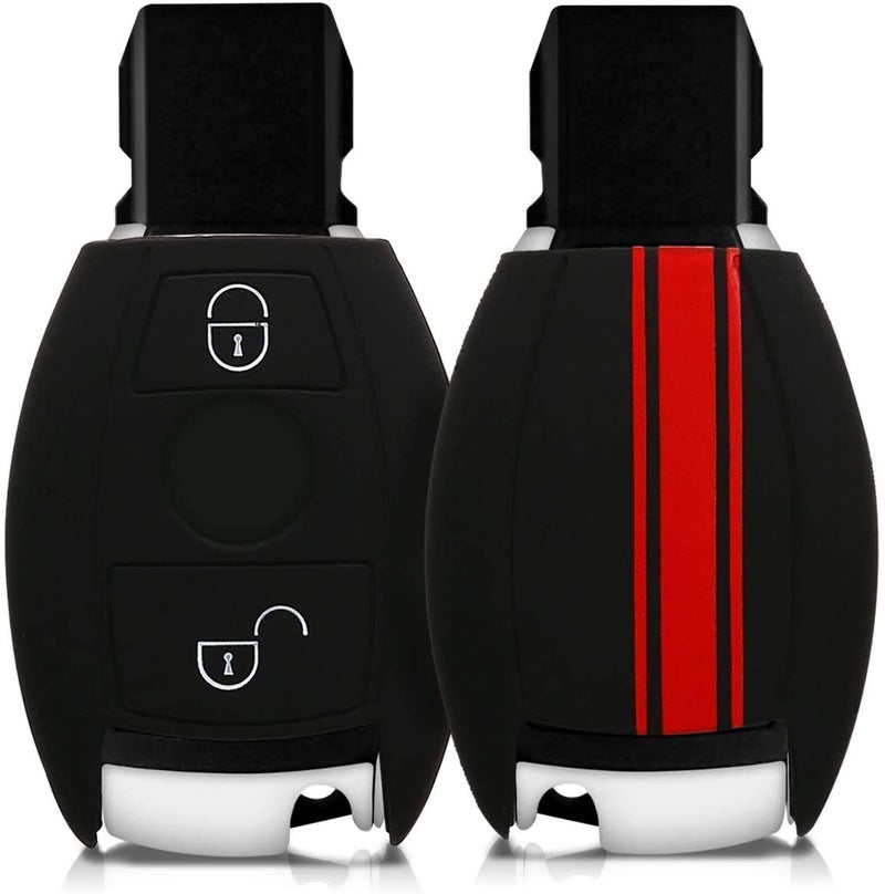 JVCV® Silicone Key Cover Compatible with Mercedes Benz C E M S CLS CLK GLK GLC G Class 2 Button Smart Key - Rally Stripe (Black Red) - Image 1