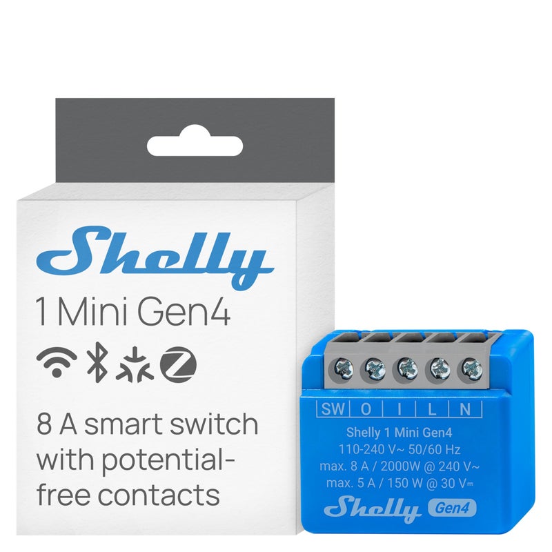 Shelly شيللي 1 ميني جين4 | مفتاح ريلاي ذكي مع واي فاي وزيجبي وماتر مع جهات اتصال جافة، 1-قناة 8A | أتمتة المنزل | متوافق مع أليكسا، سمارت ثينغز، جوجل هوم، أبل هوم كيت | مفتاح باب المرآب - Image 1