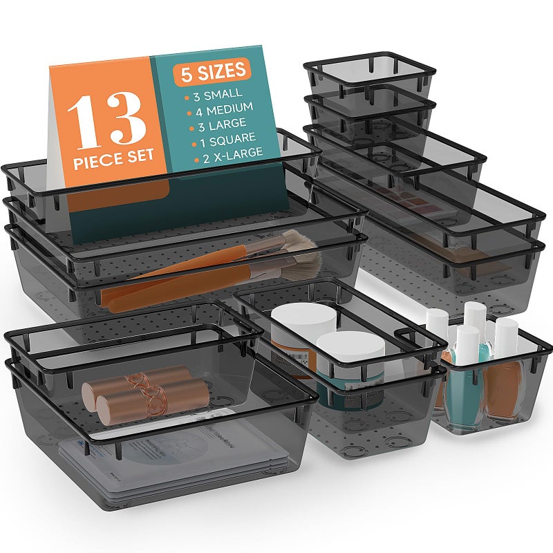 WOWBOX 13 PCS Plastic Drawer Organizer Set Desk Drawer Divider Organizers and Storage Bins for Makeup Jewelry Gadgets for Kitchen Bedroom Bathroom Office Black
