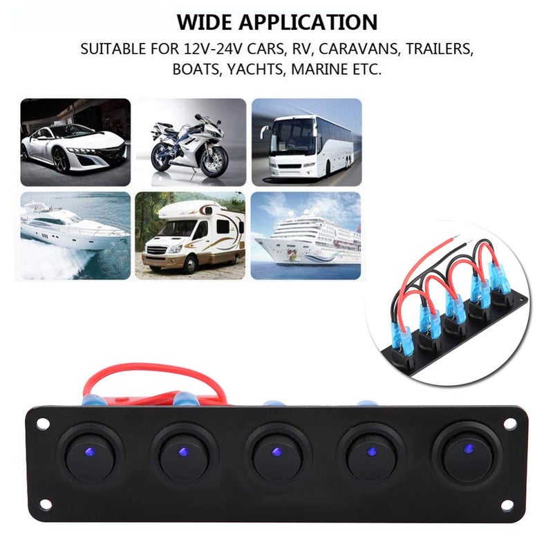 woobles 5 Gang 3 Pin Rocker Switch Panel, 12-24V 5 Gang Round Dash Rocker Toggle Switch Panel Blue LED for RV Boat Yacht Marine - Image 2