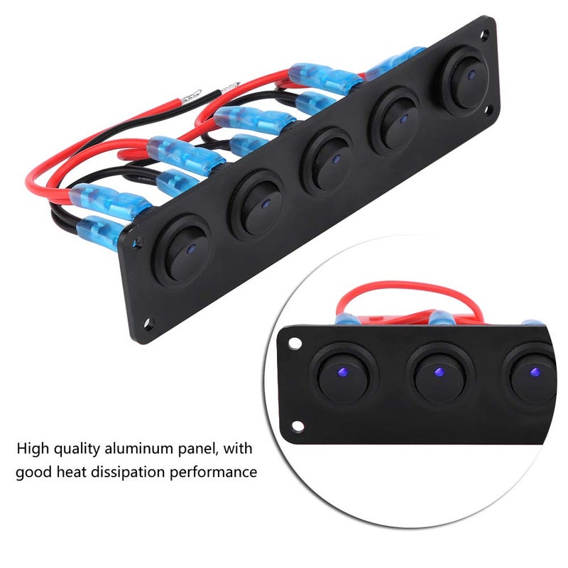 woobles 5 Gang 3 Pin Rocker Switch Panel, 12-24V 5 Gang Round Dash Rocker Toggle Switch Panel Blue LED for RV Boat Yacht Marine - Image 3
