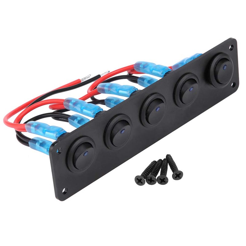 woobles 5 Gang 3 Pin Rocker Switch Panel, 12-24V 5 Gang Round Dash Rocker Toggle Switch Panel Blue LED for RV Boat Yacht Marine - Image 1