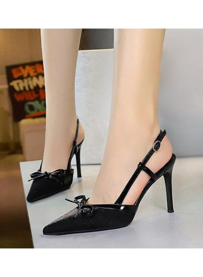 BIGTREE Women's Closed Pointed Toe Stiletto Pumps Slingback High Heels With  Bowknot Decoration Sandal Black 9CM - Image 3