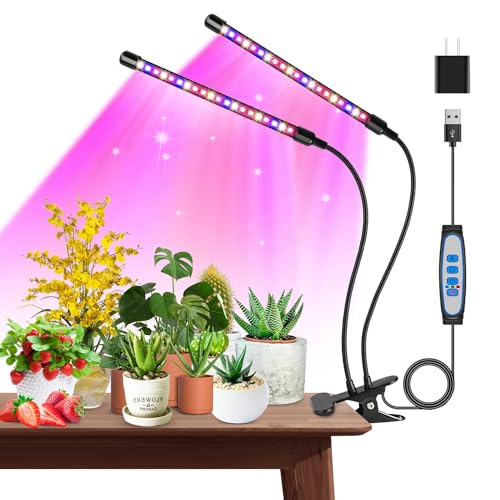 Garpsen Grow Lights for Indoor Plants, Garpsen Grow Light with Red Blue Full Spectrum, 2 Heads Clip 40 LEDs Plant Light for Indoor Plants, 3 Switch Modes & Auto ON/Off, 6 12 16H Timer, 5 Dimmable Levels - Image 1