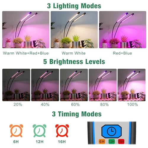 Garpsen Grow Lights for Indoor Plants, Garpsen Grow Light with Red Blue Full Spectrum, 2 Heads Clip 40 LEDs Plant Light for Indoor Plants, 3 Switch Modes & Auto ON/Off, 6 12 16H Timer, 5 Dimmable Levels - Image 3