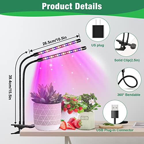 Garpsen Grow Lights for Indoor Plants, Garpsen Grow Light with Red Blue Full Spectrum, 2 Heads Clip 40 LEDs Plant Light for Indoor Plants, 3 Switch Modes & Auto ON/Off, 6 12 16H Timer, 5 Dimmable Levels - Image 5