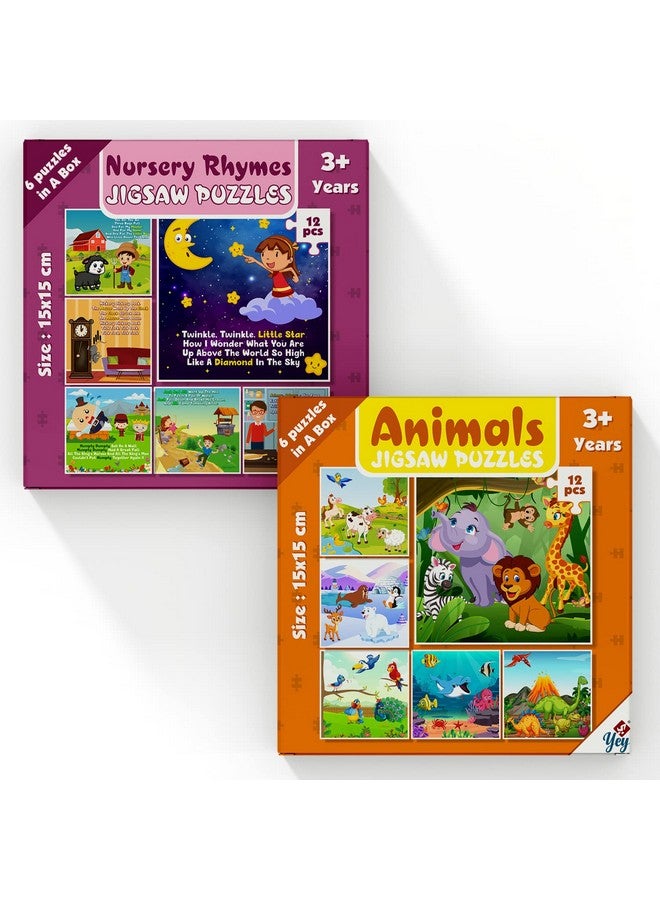 Yey Animals and Nursery Rhymes Jigsaw Puzzles for Kids | Pack of 2 Puzzle Boxes - Set of 12 Educational Puzzles, Multicolor, 6.25 x 6.25 inches - Image 1