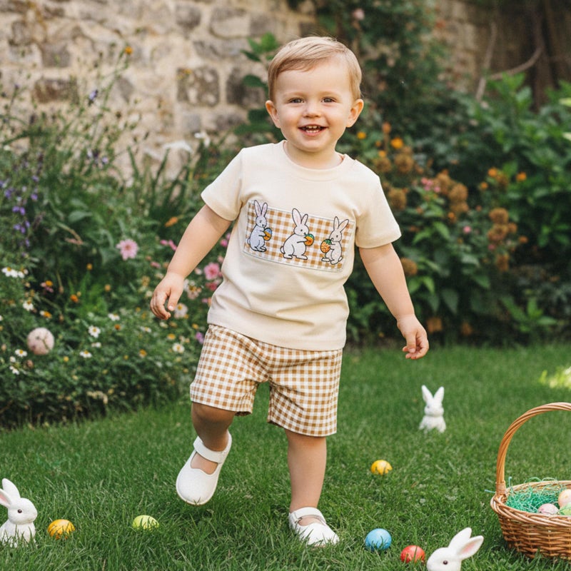 Nibbcoa Baby Boy Easter Outfit Short Sleeve Bunny T Shirt Casual Elastic Waist Shorts Set Kids Summer Clothing (Khaki, 12-18 Months) - Image 3
