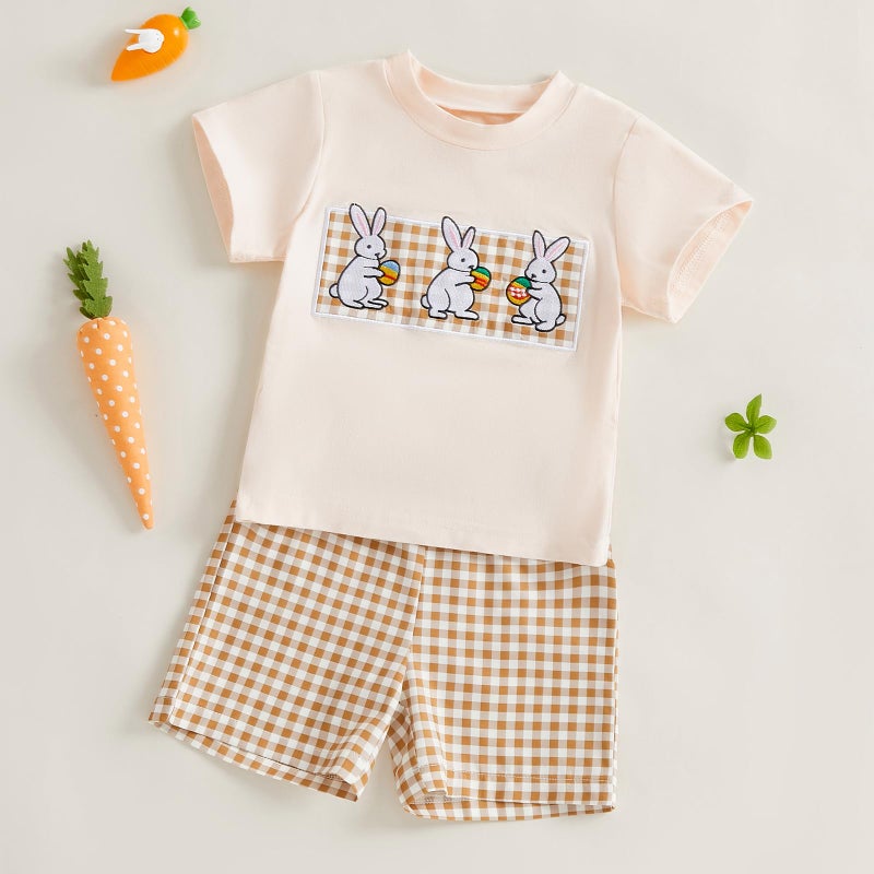 Nibbcoa Baby Boy Easter Outfit Short Sleeve Bunny T Shirt Casual Elastic Waist Shorts Set Kids Summer Clothing (Khaki, 12-18 Months) - Image 4