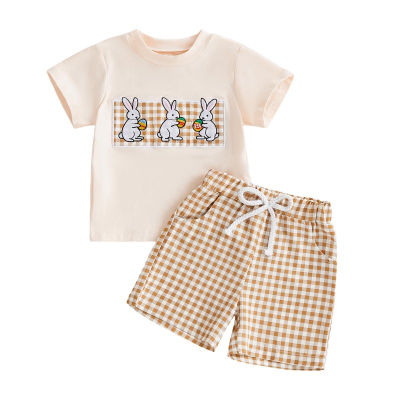 Nibbcoa Baby Boy Easter Outfit Short Sleeve Bunny T Shirt Casual Elastic Waist Shorts Set Kids Summer Clothing (Khaki, 12-18 Months) - Image 1