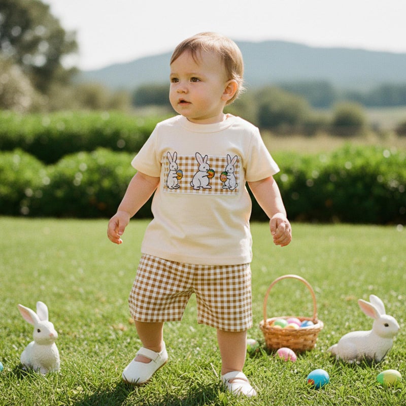 Nibbcoa Baby Boy Easter Outfit Short Sleeve Bunny T Shirt Casual Elastic Waist Shorts Set Kids Summer Clothing (Khaki, 12-18 Months) - Image 2