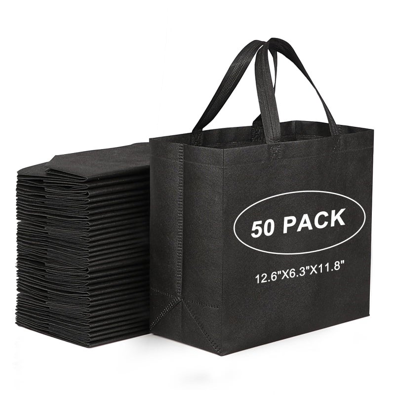 JERIA 50 Pack Black Reusable Totes Bag with Reinforced Handles Non Woven Bulk Shopping Bags - Image 1