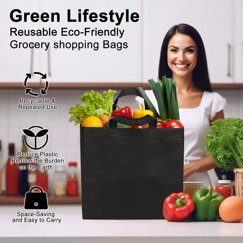 JERIA 50 Pack Black Reusable Totes Bag with Reinforced Handles Non Woven Bulk Shopping Bags - Image 4