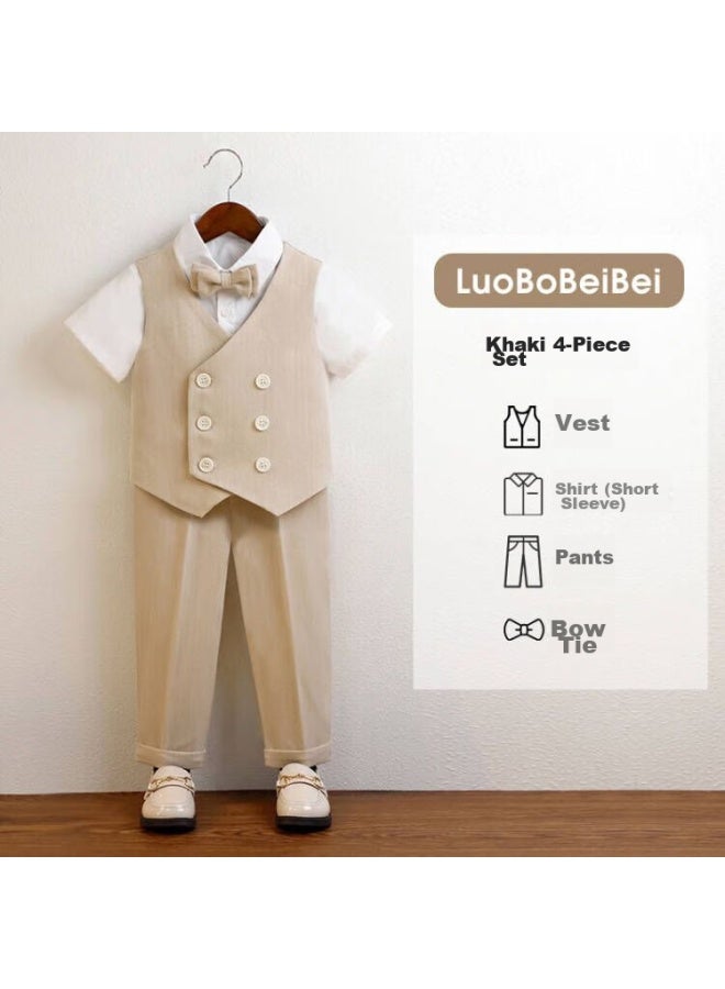Luobobeibei Children's Formal Wear Spring Outfit British-style Vest Set For Boys, Flower Boy Wedding Performance Costume, Khaki Four-piece Set, Size 140 - Image 1
