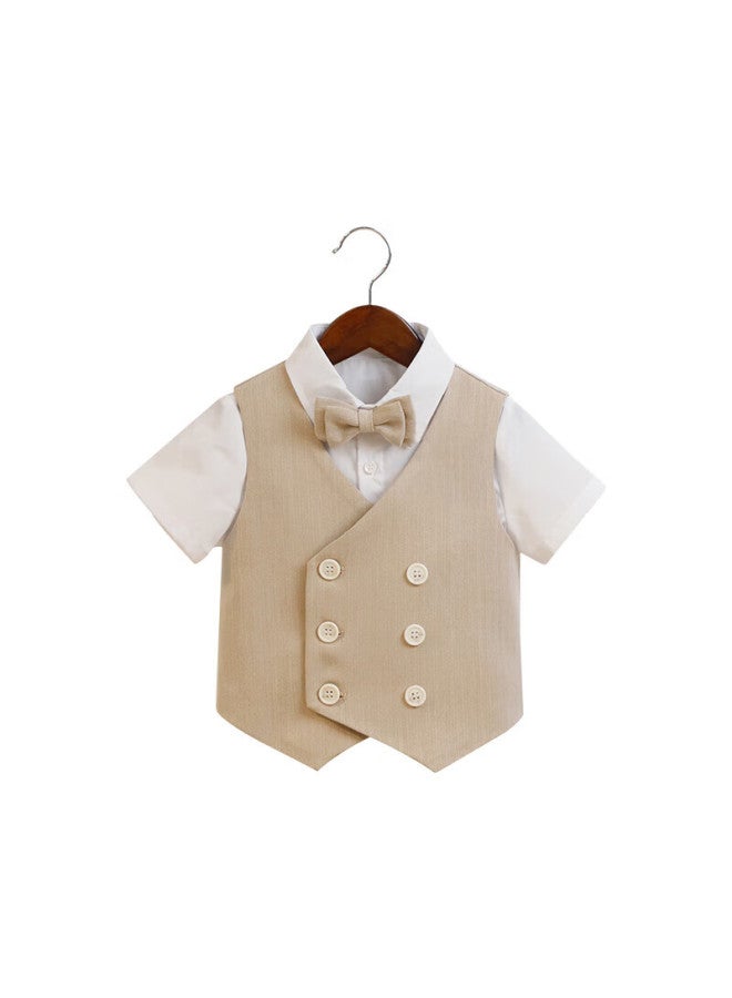 Luobobeibei Children's Formal Wear Spring Outfit British-style Vest Set For Boys, Flower Boy Wedding Performance Costume, Khaki Four-piece Set, Size 140 - Image 4
