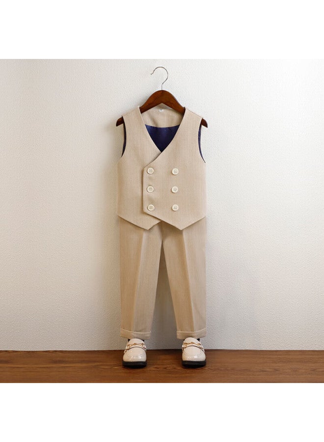 Luobobeibei Children's Formal Wear Spring Outfit British-style Vest Set For Boys, Flower Boy Wedding Performance Costume, Khaki Four-piece Set, Size 140 - Image 3