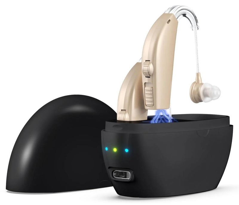 أجهزة السمع ، وسائل السمع لكبار السن مع فقدان السمع ، وإلغاء الضوضاء ، والتحكم في الحجم ، وقابلة لإعادة الشحن ، مع حالة شحن محمولة ، أسود - Image 1