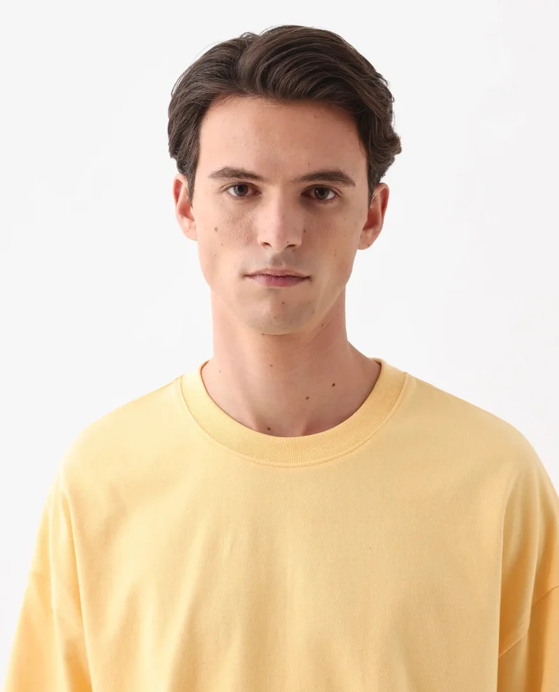 Rare Rabbit Rare Rabbit Men Siwa Light Yellow Cotton Fabric Short Sleeve Slip-On Oversized Fit Graphic Print T-Shirt