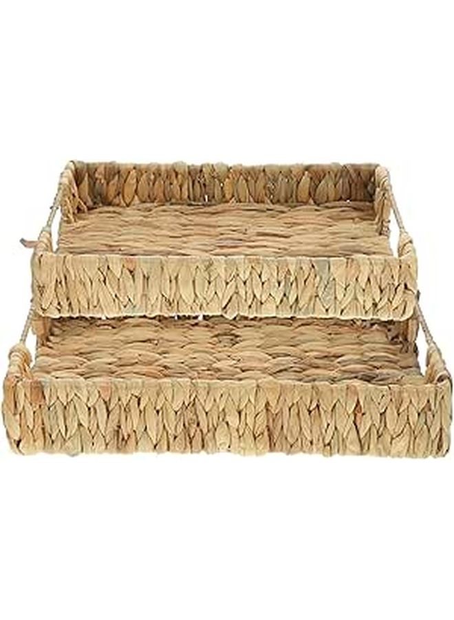Natural Handwoven Storage Basket Set 2pcs Small Square Woven Tray Kitchen Serving Snack Organization - Image 1