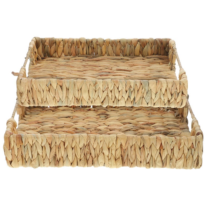 Natural Handwoven Storage Basket Set 2pcs Small Square Woven Tray Kitchen Serving Snack Organization - Image 2