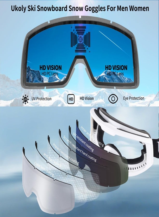 Ukoly Ski/Snowboard Goggles for Men Women, Snow Goggles HD Lens Anti-Fog Coating OTG Design UV400 Protection Windproof (White Frame Silver HD Lens) - Image 4