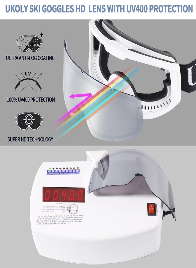 Ukoly Ski/Snowboard Goggles for Men Women, Snow Goggles HD Lens Anti-Fog Coating OTG Design UV400 Protection Windproof (White Frame Silver HD Lens) - Image 2
