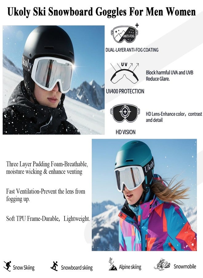 Ukoly Ski/Snowboard Goggles for Men Women, Snow Goggles HD Lens Anti-Fog Coating OTG Design UV400 Protection Windproof (White Frame Silver HD Lens) - Image 3