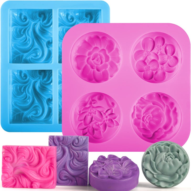 Sakolla 2 Pack Silicone Soap Molds 4 Cavities Rectangle Wave and Round Flower Silicone Molds for Handmade Soap Candle and Mousse Cake