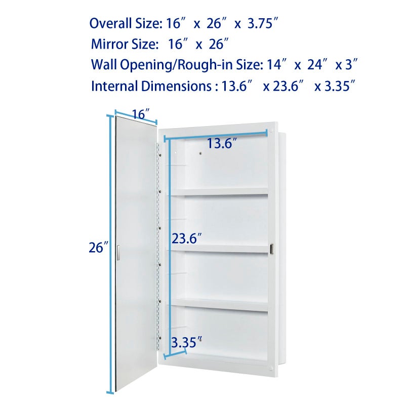 IDYLLOR Plastic Medicine Mirror Cabinet for Bathroom 16 x 26 inch, Surface and Recessed Mount - Image 3