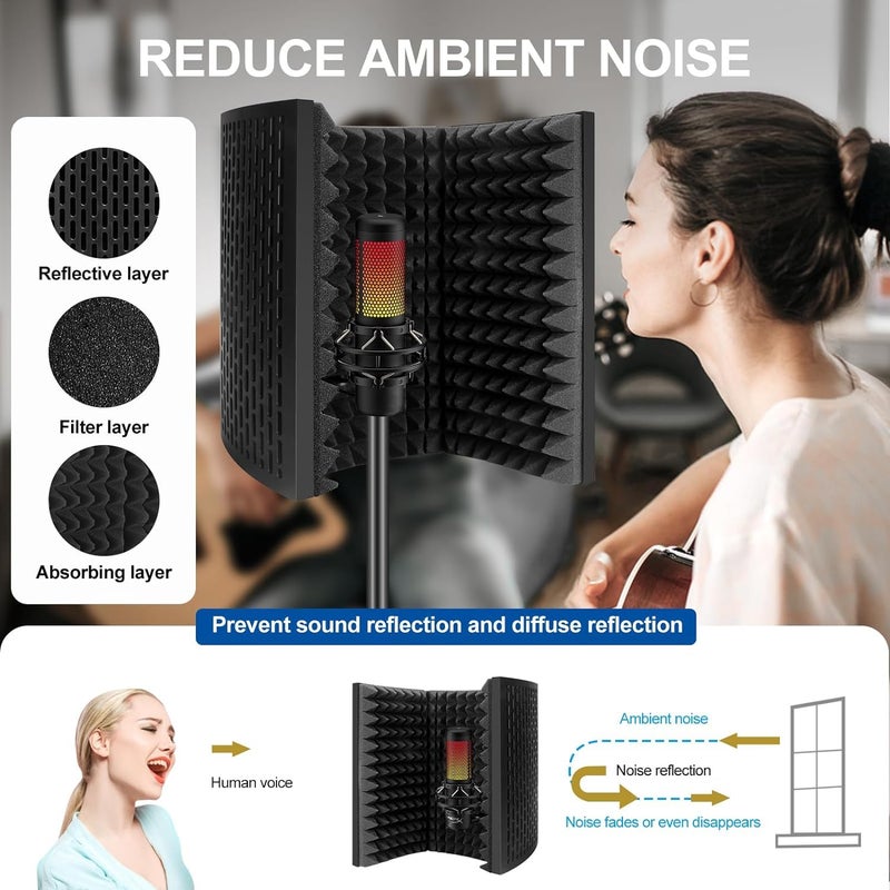 Mocking Bird Microphone Isolation Shield with Pop Filter Vocal booth for Home, Podcast,Singing Studio Recording Condenser Microphone Reflection filter (3 Panel) - Image 3
