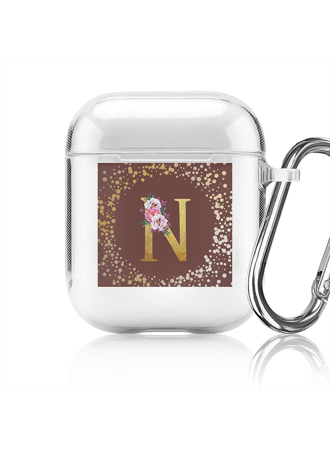 Stylizedd Classic Clear printed Case for Apple Airpods 2 / 1 Soft TPU Gel Thin Transparent Flexible Cover - Custom Monogram Initial Letter Floral Pattern Alphabet - N (Brown ) - Image 1