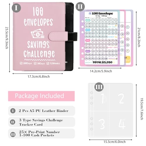 VAZOCA 2 Pack 100 Envelopes Money Saving Challenge, Cash Budget Planner A5 Binder, Savings Challenges Book Organizer Folder, with 3 Tracker to Save $5,050 and $2,600, $300, 100 Pre-numbered Pockets, Pink & Black - Image 2
