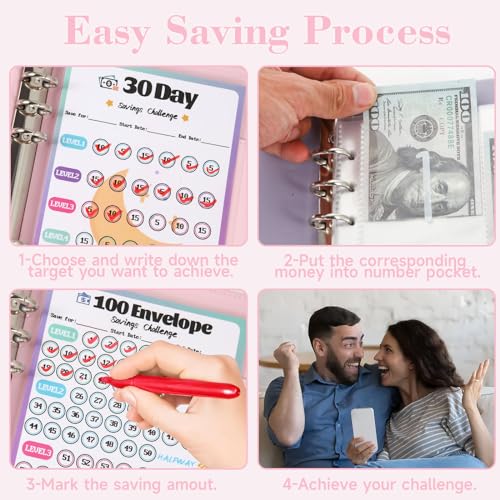 VAZOCA 2 Pack 100 Envelopes Money Saving Challenge, Cash Budget Planner A5 Binder, Savings Challenges Book Organizer Folder, with 3 Tracker to Save $5,050 and $2,600, $300, 100 Pre-numbered Pockets, Pink & Black - Image 4