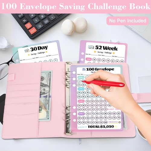VAZOCA 2 Pack 100 Envelopes Money Saving Challenge, Cash Budget Planner A5 Binder, Savings Challenges Book Organizer Folder, with 3 Tracker to Save $5,050 and $2,600, $300, 100 Pre-numbered Pockets, Pink & Black - Image 5