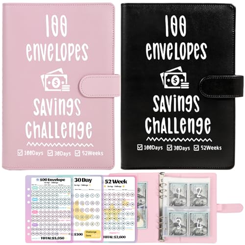 VAZOCA 2 Pack 100 Envelopes Money Saving Challenge, Cash Budget Planner A5 Binder, Savings Challenges Book Organizer Folder, with 3 Tracker to Save $5,050 and $2,600, $300, 100 Pre-numbered Pockets, Pink & Black - Image 1
