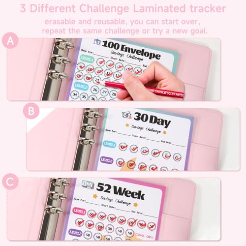 VAZOCA 2 Pack 100 Envelopes Money Saving Challenge, Cash Budget Planner A5 Binder, Savings Challenges Book Organizer Folder, with 3 Tracker to Save $5,050 and $2,600, $300, 100 Pre-numbered Pockets, Pink & Black - Image 3