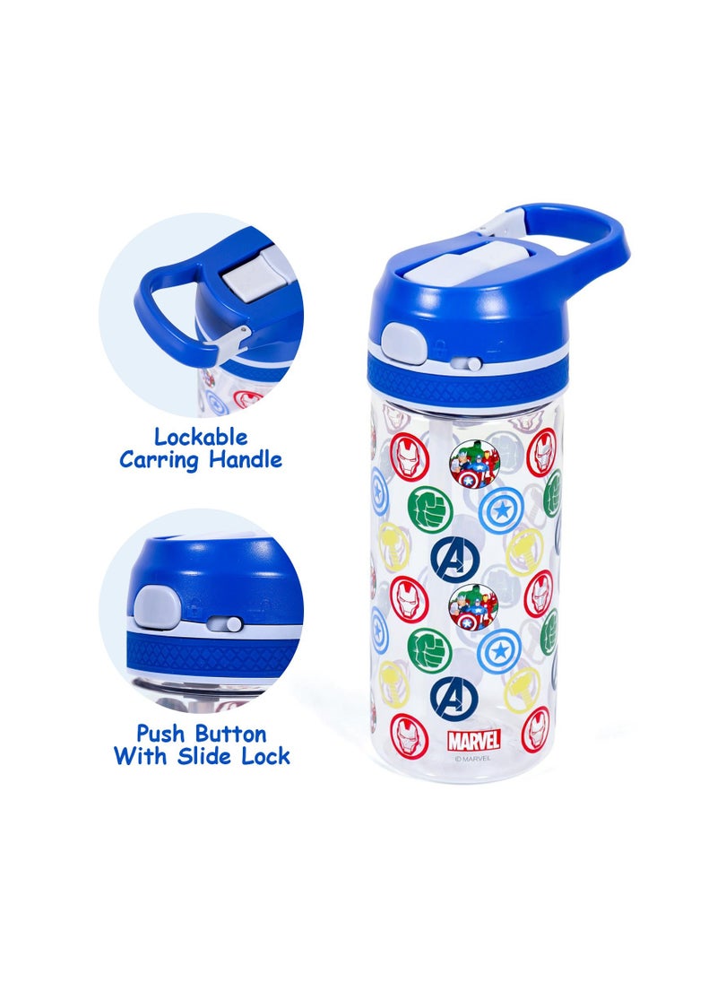Marvel Avengers Tritan Water Bottle With Lockable Push Button And Carry Handle - Blue, 420ml
