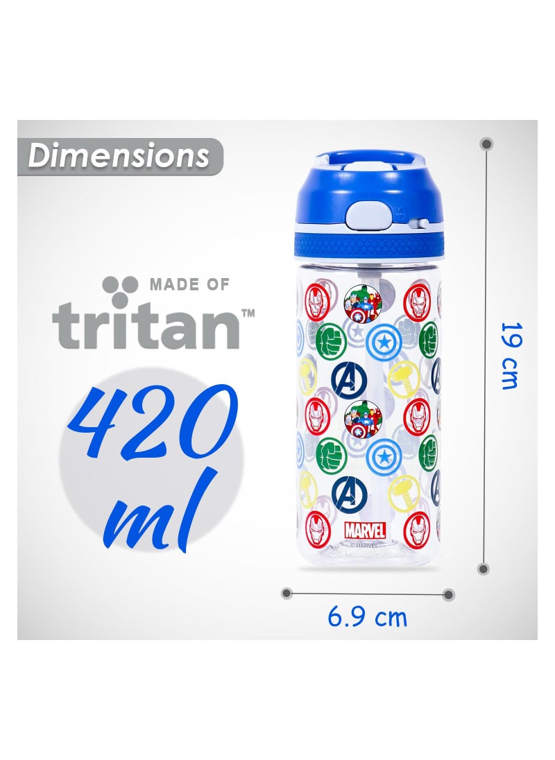 Marvel Avengers Tritan Water Bottle With Lockable Push Button And Carry Handle - Blue, 420ml