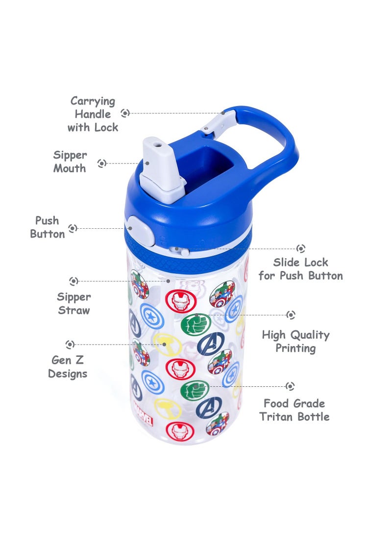 Marvel Avengers Tritan Water Bottle With Lockable Push Button And Carry Handle - Blue, 420ml
