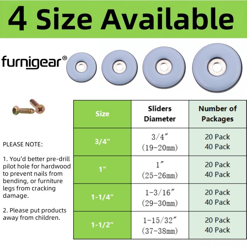 Furnigear 3/4" Screw on Furniture Glides Sliders for Wooden Furniture-Furnigear Heavy Duty PTFE (Teflon) Chair Leg Slides Move Your Furniture Easy & Safely - Best Floor Protector (20 Pack) - Image 4