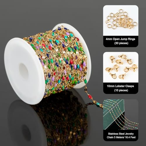 UMAOKANG 16.4 Feet Jewelry Chains for Necklaces DIY Making Gold Plated Stainless Steel Chain Roll Colorful Enamel Beaded Chain for Jewelry Making - Image 2