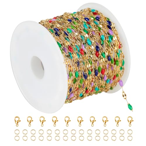 UMAOKANG 16.4 Feet Jewelry Chains for Necklaces DIY Making Gold Plated Stainless Steel Chain Roll Colorful Enamel Beaded Chain for Jewelry Making - Image 1