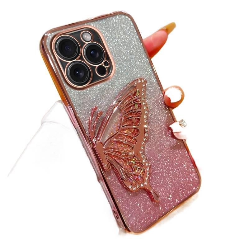 iPhone 16 Plus Case TPU for iPhone 16 16 Plus 16 Pro 16 Pro Max with Electroplated Sparkle and Diamond Inlay and Quicksand and Butterfly Pattern - Image 1