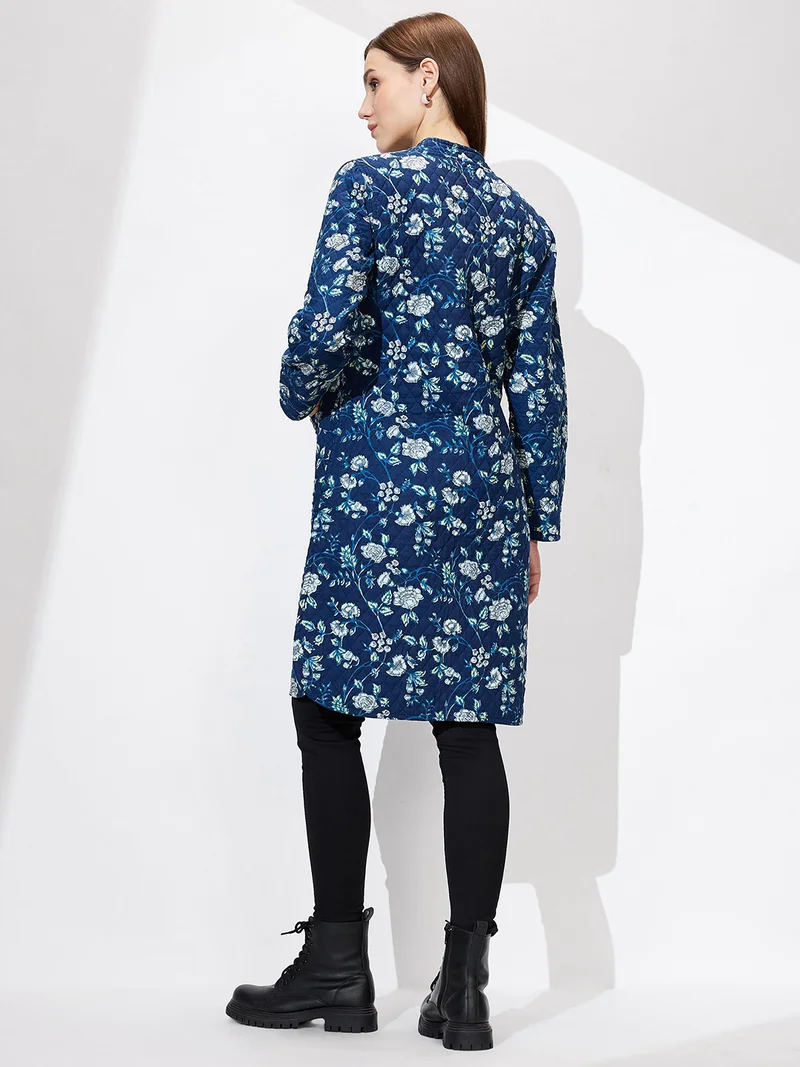 globus Women Mandarin Collar Floral Print Quilted Curved Hem Reversible Winter Shrug