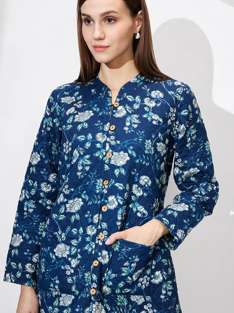 globus Women Mandarin Collar Floral Print Quilted Curved Hem Reversible Winter Shrug