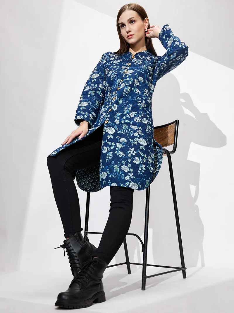 globus Globus Women Mandarin Collar Floral Print Quilted Curved Hem Reversible Winter Shrug