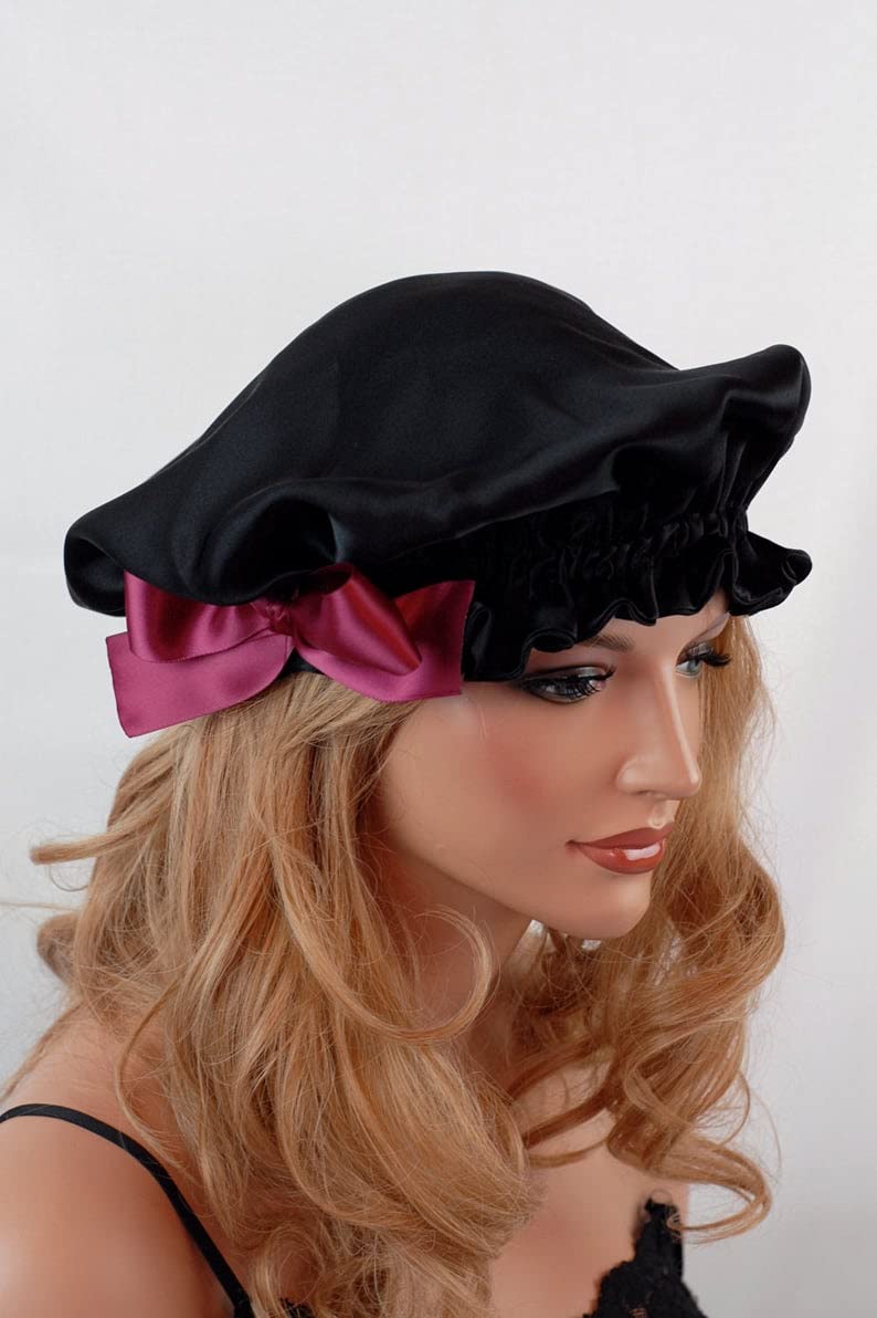 VIYANSHI Adjustable Satin Sleep Cap Hair Bonnet Double Layered Reversible for Women Protective Sleep Hairstyles Black - Image 3