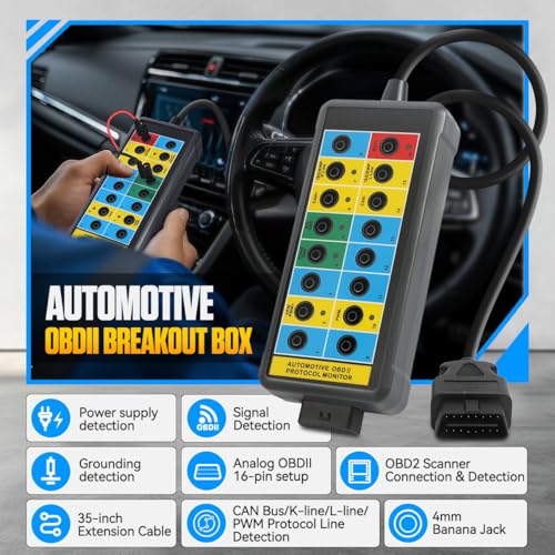 KAISAL صندوق تفريغ OBD2 قوي لكشف بروتوكول OBDII وكشف الاتصال/الطاقة/الأرضي صندوق تفريغ 16 دبوس CAN لصناعة السيارات مع موصل ماسح OBD2، جاك بانانا 4 مم، كابل بطول 35 بوصة - Image 2