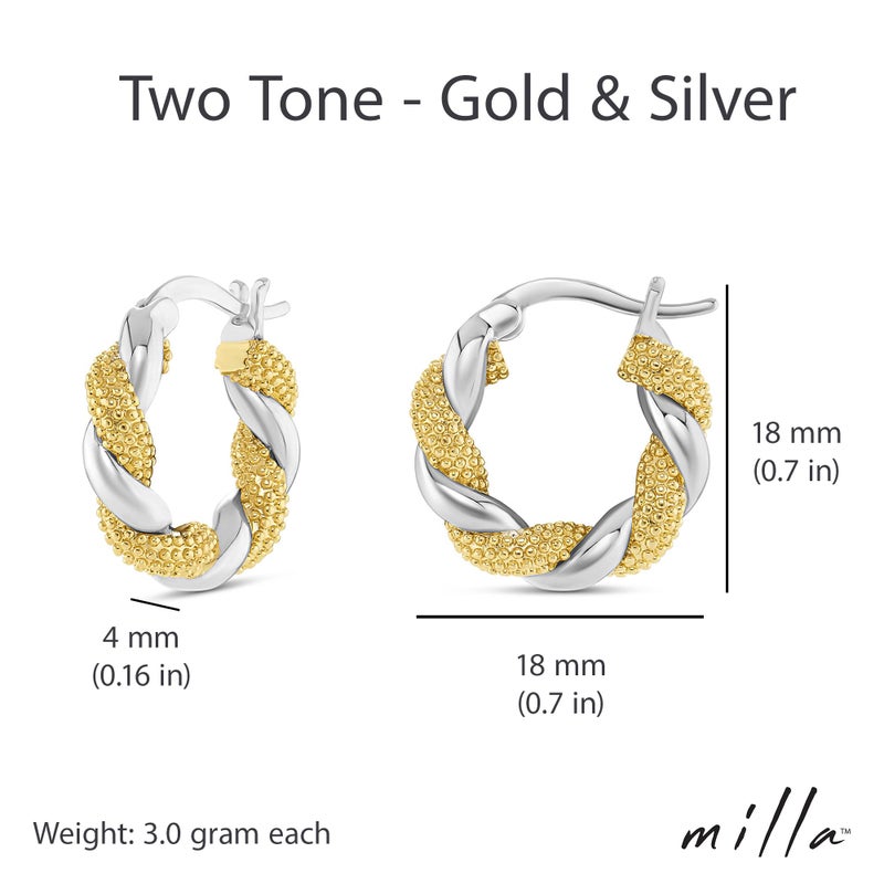 Milla Two Tone Earrings - Small Twisted 14K Gold and Sterling Silver Plated Mixed Metal Earrings, Lightweight and Hypoallergenic (Two Tone Hoop Earrings) - Image 3
